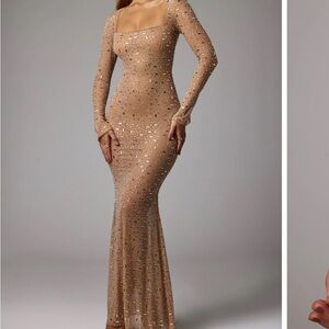 Oh Polly Sparkling Tan Long Sleeve Dress